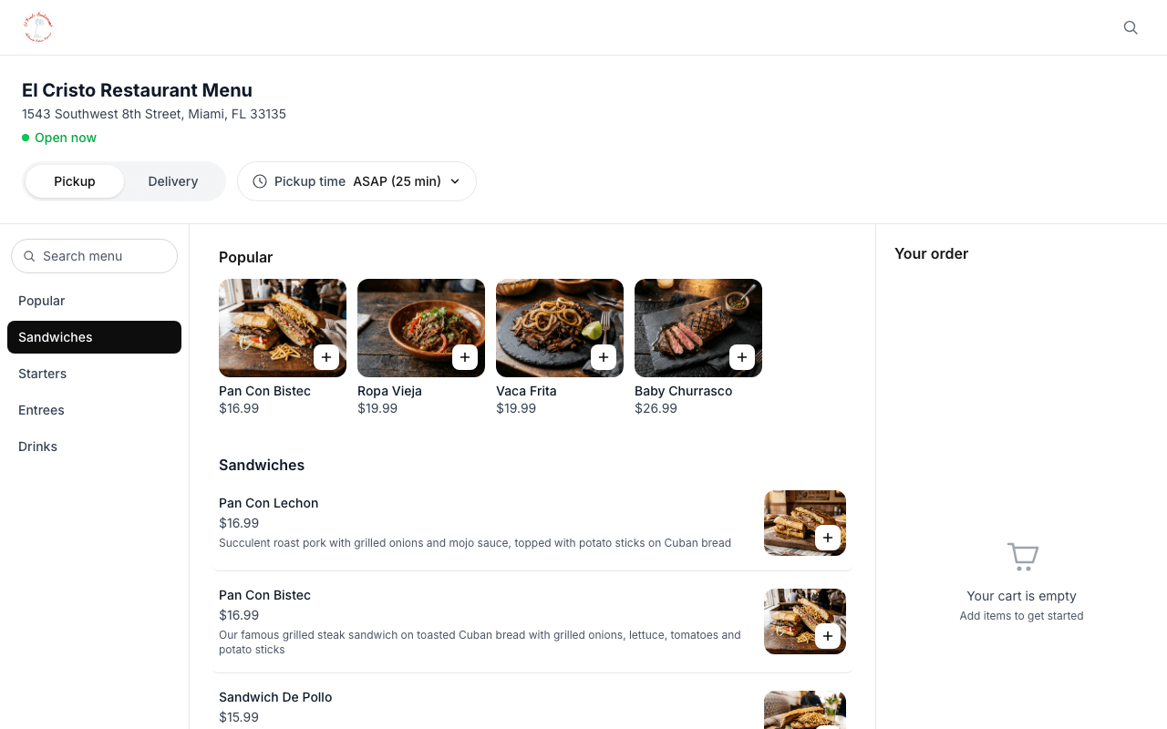 El Cristo Restaurant online ordering site